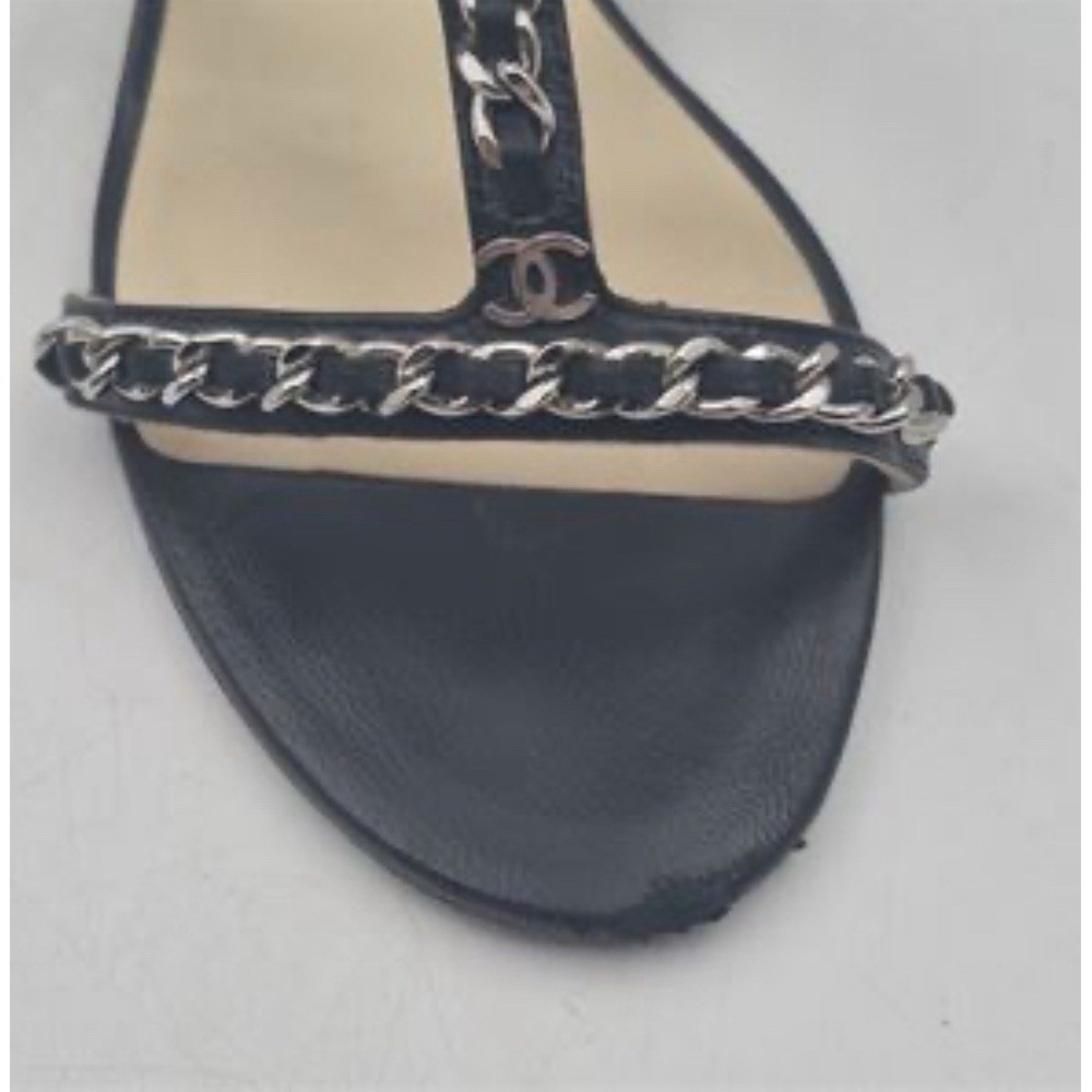 CHANEL Black Chain T-Strap Sandal Heels 39.5 8.5 Silver CC Block - Picture 10 of 12